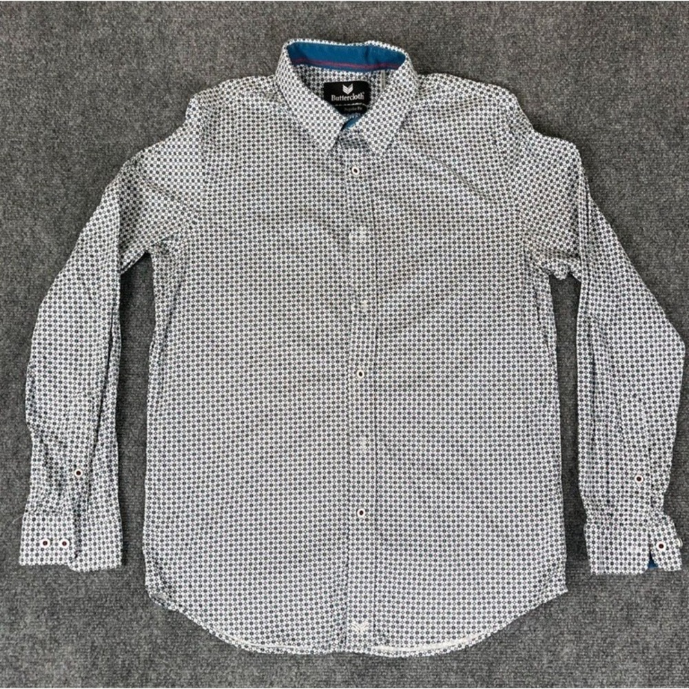 Buttercloth Mens Size Large Button Up Shirt Regular Fit‎ White Blue Stretch